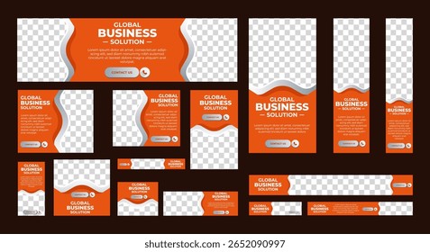 Banners modernos editáveis da web de negócios conjunto de tamanhos padrão. Plano de fundo de cabeçalho de capa de anúncio comercial para design de site, modelo de banner de anúncios de capa de mídia social.
