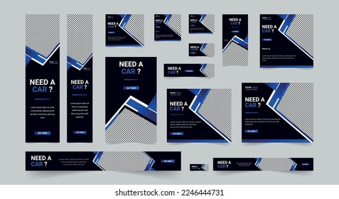 Editable modern car web banners set of standard size. Business ad banner cover header background for website design, Social media cover ads banner template.