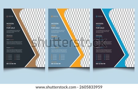 Editable modern creative minimalist real estate flyer template design. Simple corporate professional company home house sale building construction business flyer design black blue orange colors.