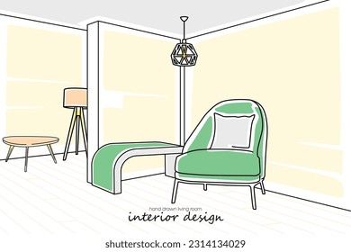 Editable modern living room with hand drawn interior design