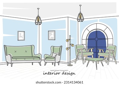 Editable modern living room with hand drawn interior design