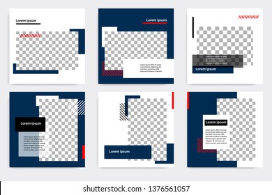 Editable modern minimal square banner templates. Blue indigo, red, black and white background color with stripe line shape. Suitable for social media post and web/internet ads with photo college.