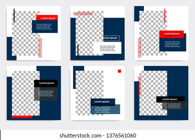 Editable modern minimal square banner templates. Blue indigo, red, black and white background color with stripe line shape. Suitable for social media post and web/internet ads with photo college.