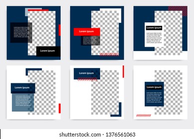 Editable modern minimal square banner templates. Blue indigo, red, black and white background color with stripe line shape. Suitable for social media post and web/internet ads with photo college.