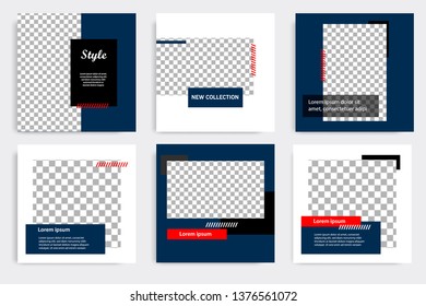 Editable modern minimal square banner templates. Blue indigo, red, black and white background color with stripe line shape. Suitable for social media post and web/internet ads with photo college.