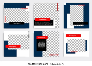 Editable modern minimal square banner templates. Blue indigo, red, black and white background color with stripe line shape. Suitable for social media post and web/internet ads with photo college.