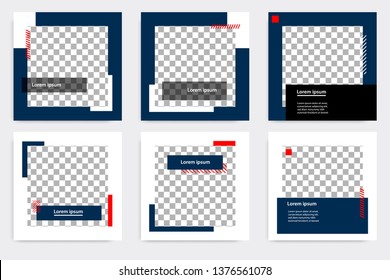 Editable modern minimal square banner templates. Blue indigo, red, black and white background color with stripe line shape. Suitable for social media post and web/internet ads with photo college.