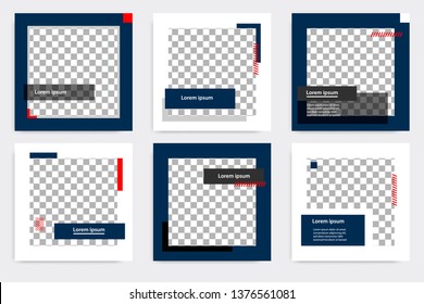 Editable modern minimal square banner templates. Blue indigo, red, black and white background color with stripe line shape. Suitable for social media post and web/internet ads with photo college.
