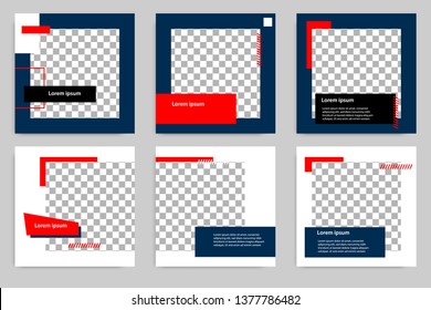 Editable modern minimal square banner templates. Blue indigo, red, black and white background color with stripe line shape. Suitable for social media post and web/internet ads with photo college.