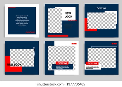Editable modern minimal square banner templates. Blue indigo, red, black and white background color with stripe line shape. Suitable for social media post and web/internet ads with photo college.