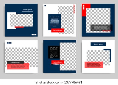Bearbeitbare moderne minimale quadratische Bannervorlagen. Blaues Indigo, rote, schwarz-weiße Hintergrundfarbe mit Streifenform. Geeignet für Social-Media-Post und Web/Internet-Anzeigen mit Foto-College.