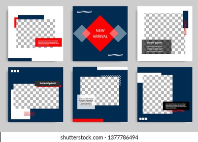 Editable modern minimal square banner templates. Blue indigo, red, black and white background color with stripe line shape. Suitable for social media post and web/internet ads with photo college.