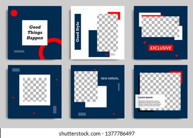 Editable modern minimal square banner templates. Blue indigo, red, black and white background color with stripe line shape. Suitable for social media post and web/internet ads with photo college.