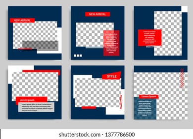 Editable modern minimal square banner templates. Blue indigo, red, black and white background color with stripe line shape. Suitable for social media post and web/internet ads with photo college.