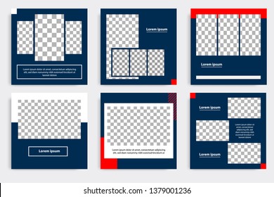 Editable modern minimal square banner templates. Blue indigo, red, black and white background color with stripe line shape. Suitable for social media post and web/internet ads with photo college