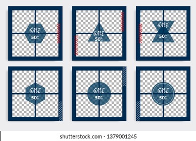 Editable modern minimal square banner templates. Blue indigo, red, black and white background color with stripe line shape. Suitable for social media post and web/internet ads with photo college