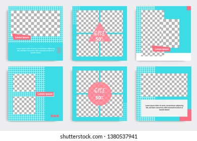 Editable modern minimal square banner templates. Blue turquoise, red, pink and white background color with stripe line shape. Suitable for social media post and web/internet ads sale promotion