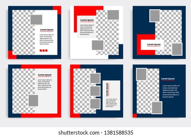 Editable modern minimal square banner templates. Blue indigo, red, black and white background color with stripe line shape. Suitable for social media post and web/internet ads with photo college