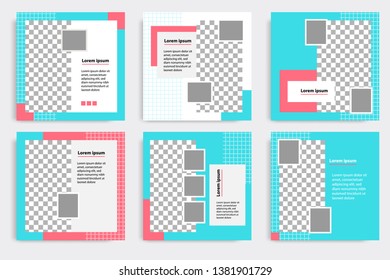 Editable modern minimal square banner templates. Blue turquoise, red, pink and white background color with stripe line shape. Suitable for social media post and web/internet ads sale promotion