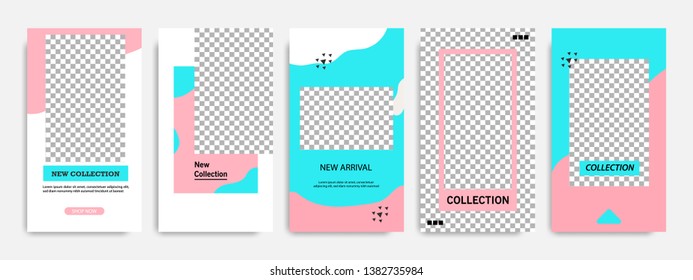 Editable modern minimal square banner templates. Blue turquoise, red, pink and white background color with stripe line shape. Suitable for social media stories, story, web ads sale promotion