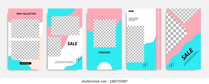Editable modern minimal square banner templates. Blue turquoise, red, pink and white background color with stripe line shape. Suitable for social media stories, story, web ads sale promotion