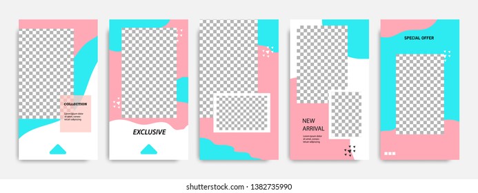 Editable modern minimal square banner templates. Blue turquoise, red, pink and white background color with stripe line shape. Suitable for social media stories, story, web ads sale promotion
