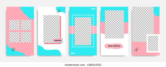 Editable modern minimal square banner templates. Blue turquoise, red, pink and white background color with stripe line shape. Suitable for social media stories, story, web ads sale promotion