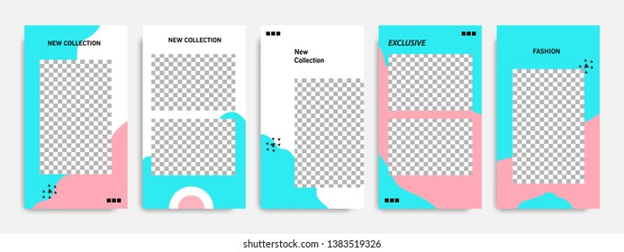 Editable modern minimal square banner templates. Blue turquoise, red, pink and white background color with stripe line shape. Suitable for social media stories, story, web ads sale promotion