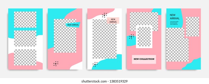 Editable modern minimal square banner templates. Blue turquoise, red, pink and white background color with stripe line shape. Suitable for social media stories, story, web ads sale promotion