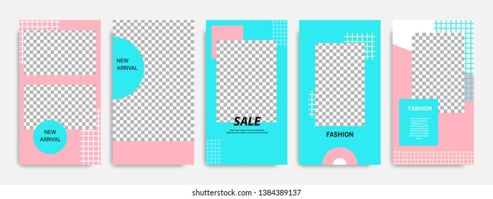 Editable modern minimal square banner templates. Blue turquoise, red, pink and white background color with stripe line shape. Suitable for social media stories, story, web ads sale promotion