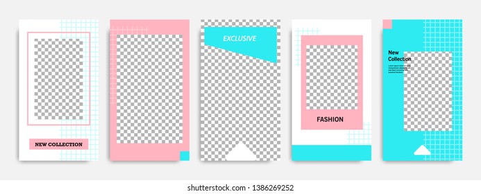 Editable modern minimal square banner templates. Blue turquoise, red, pink and white background color with stripe line shape. Suitable for social media stories, story, web ads sale promotion