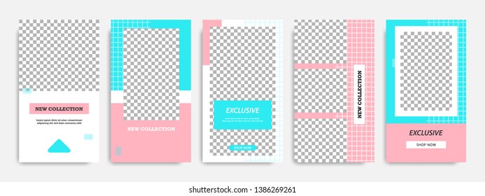 Editable modern minimal square banner templates. Blue turquoise, red, pink and white background color with stripe line shape. Suitable for social media stories, story, web ads sale promotion