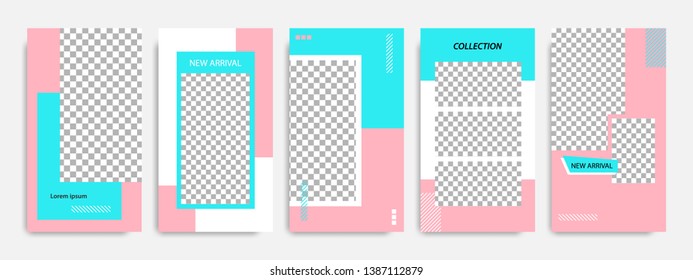 Editable modern minimal square banner templates. Blue turquoise, red, pink and white background color with stripe line shape. Suitable for social media stories, story, web ads sale promotion