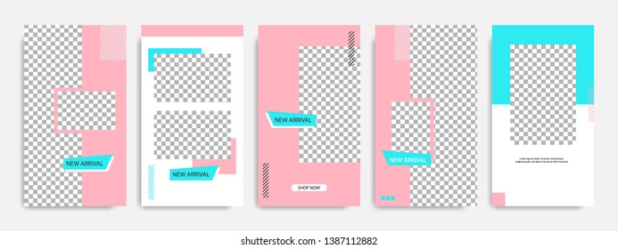 Editable modern minimal square banner templates. Blue turquoise, red, pink and white background color with stripe line shape. Suitable for social media stories, story, web ads sale promotion