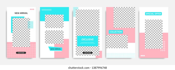 Editable modern minimal square banner templates. Blue turquoise, red, pink and white background color with stripe line shape. Suitable for social media stories, story, web ads sale promotion