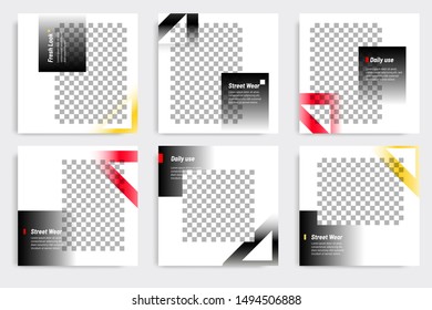 Editable modern minimal square banner templates. Yellow, red, black and white background color with gradient circle shape. Suitable for social media post and web/internet ads with photo college.