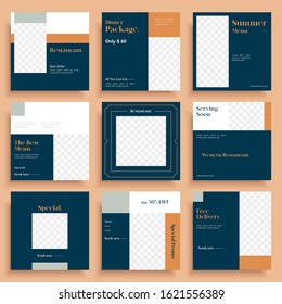 Editable modern minimal square banner templates. Green, orange, black and white background color with stripe line shape. Suitable for shop, restaurant and web/internet ads with photo college.