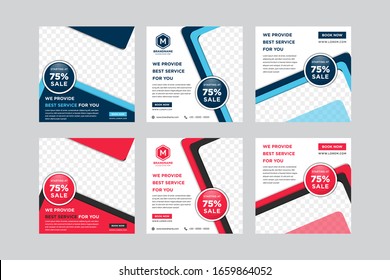 Modernas y minimalistas plantillas de banner cuadrado. Color de fondo azul índigo, rojo, negro y blanco con forma circular. Adecuado para publicaciones en medios sociales y anuncios web o en internet con colegio de fotos.