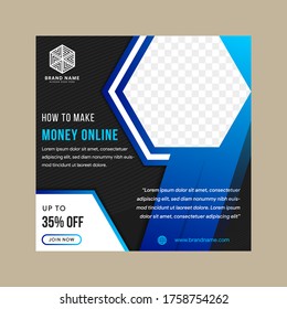 Editable modern minimal square banner templates. Blue, white and black background color with hexagon shape. Suitable for social media post and web or internet ads with photo college.