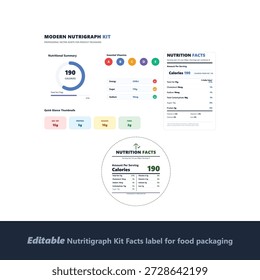 Editable Modern Nutrigraph Kit for Food Packaging Design featuring FDA Style Nutrition Facts Label Vitamin Icons and Calorie Infographics