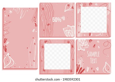 Editable modern social media posts and story with abstract shapes and line art in pink. Promotional, sale, discount banners for social media. Minimalist abstract aesthetic in organic background. 