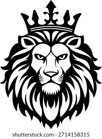 Emblema monocromo editable del Vector de la cabeza del león con la corona para el tatuaje y el logotipo del juego EPS