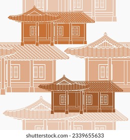 Editable Monochrome Traditional Hanok Korean House Building Vector Illustration as Seamless Pattern for Creating Background and Decorative Element of Oriental History and Culture Related Design