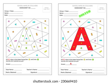 Editable Montessori Worksheet: Fill the defined shapes with colour & identify the alphabet. Includes learning of basic shapes & alphabets. Ready to print worksheet and can be editable as required