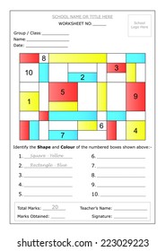 Editable Montessori Worksheet: To identify the shape and colour of the numbered boxes. Ready to print worksheet and can be editable as required.