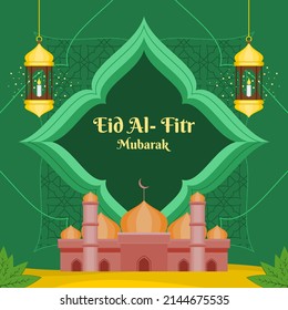 Editable Mosque with Frame and Hanging Arab Fanoos Lanterns Vector Illustration on Patterned Background for Eid Fitr Mubarak and Islamic Moments Design Concept