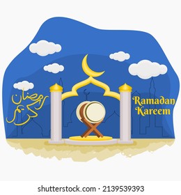 Editable Mosque Gate with Traditional Drum and ARABIC CALLIGRAPHY SCRIPT OF RAMADAN KAREEM on Cloudy Sky Background Vector Illustration for Fasting Month and Islamic Moments Design Concept