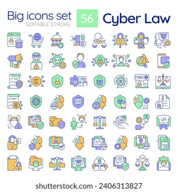 Editable multicolor big line icons set representing cyber law, isolated vector, linear illustration.