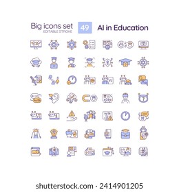 Editable multicolored 49 big icons set representing artificial intelligence in education, outline vector.