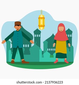 Editable Muslim Boy and Girl Standing in Front of Mosque Silhouette With Hanging Arab Lantern Vector Illustration for Ramadan Kareem, Eid Mubarak and Other Islamic Moments Design Concept